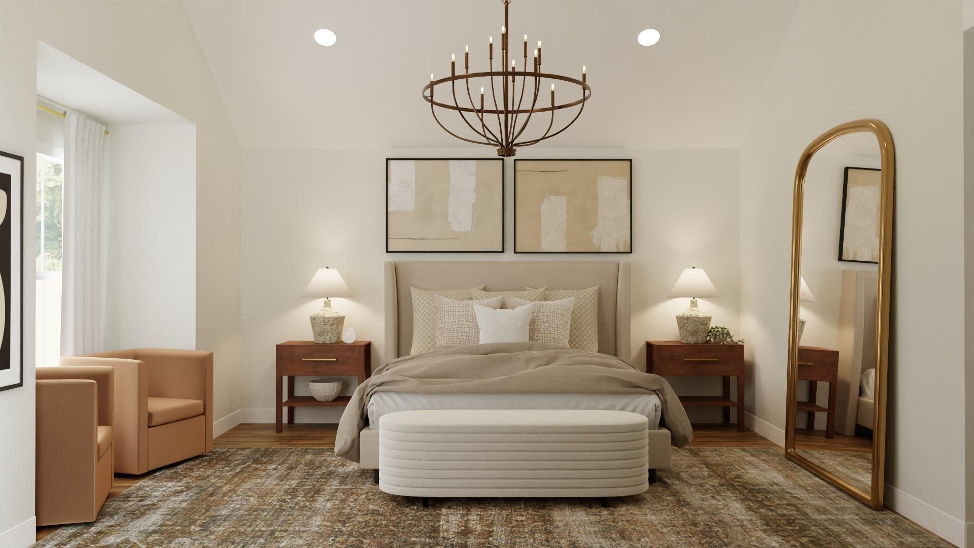Transitional Eclectic Bedroom with Chandelier