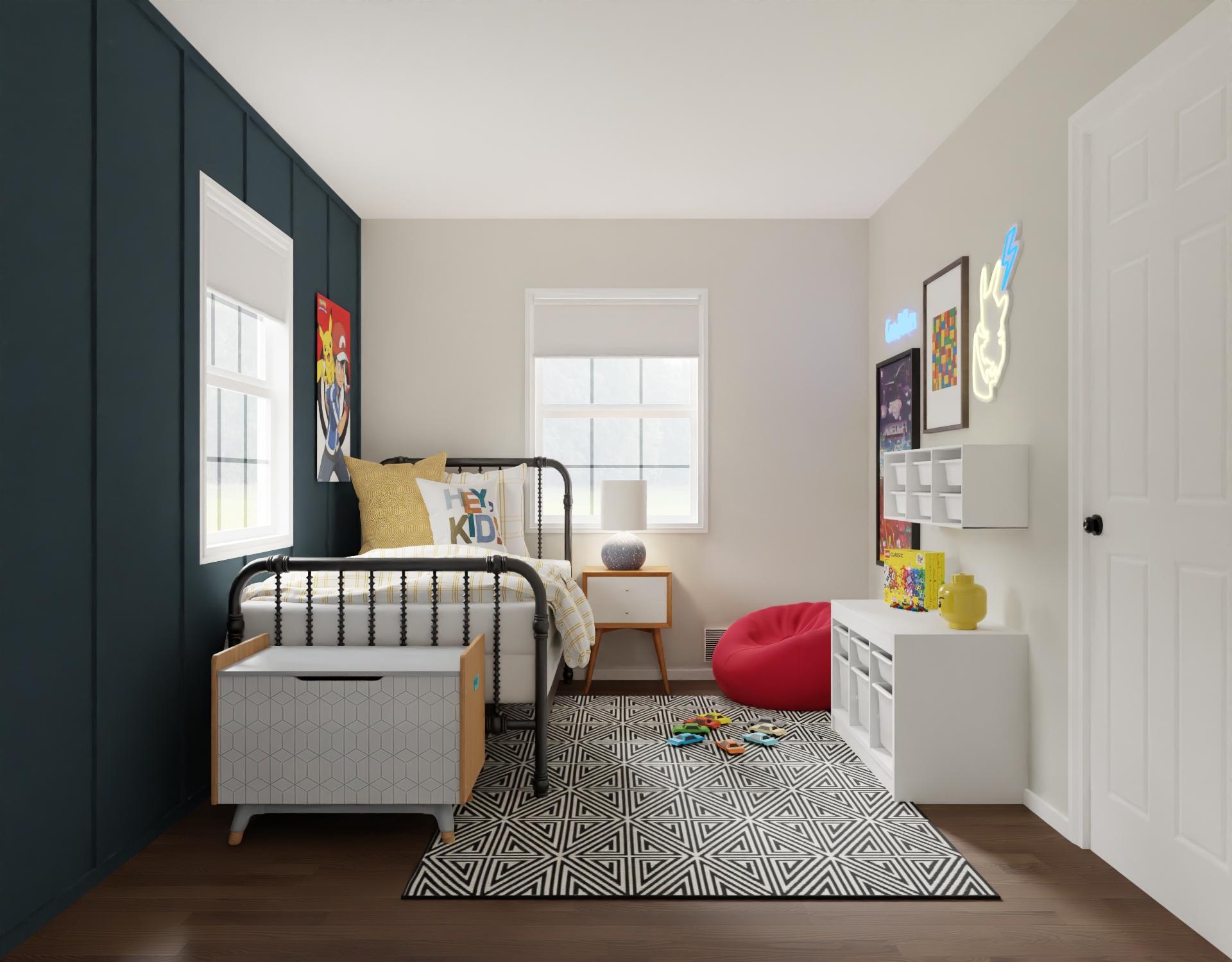 Transitional Kid's Bedroom with Checkered Pattern Wallpaper