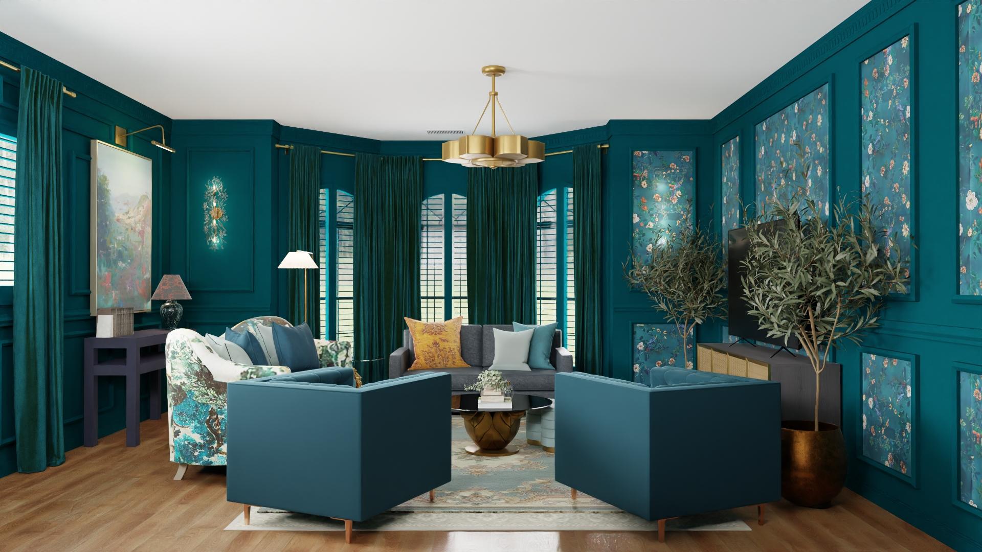 Eclectic Glam Living Room With Dark Turquoise Palette
