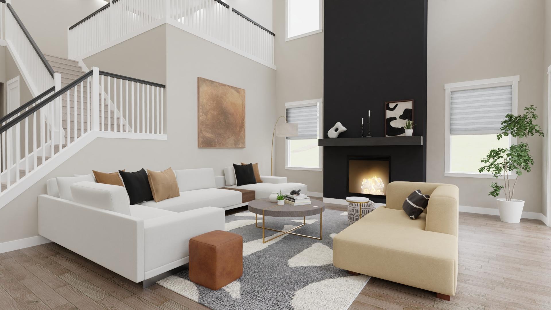 Contemporary Open Living Dining Room with Black Fireplace