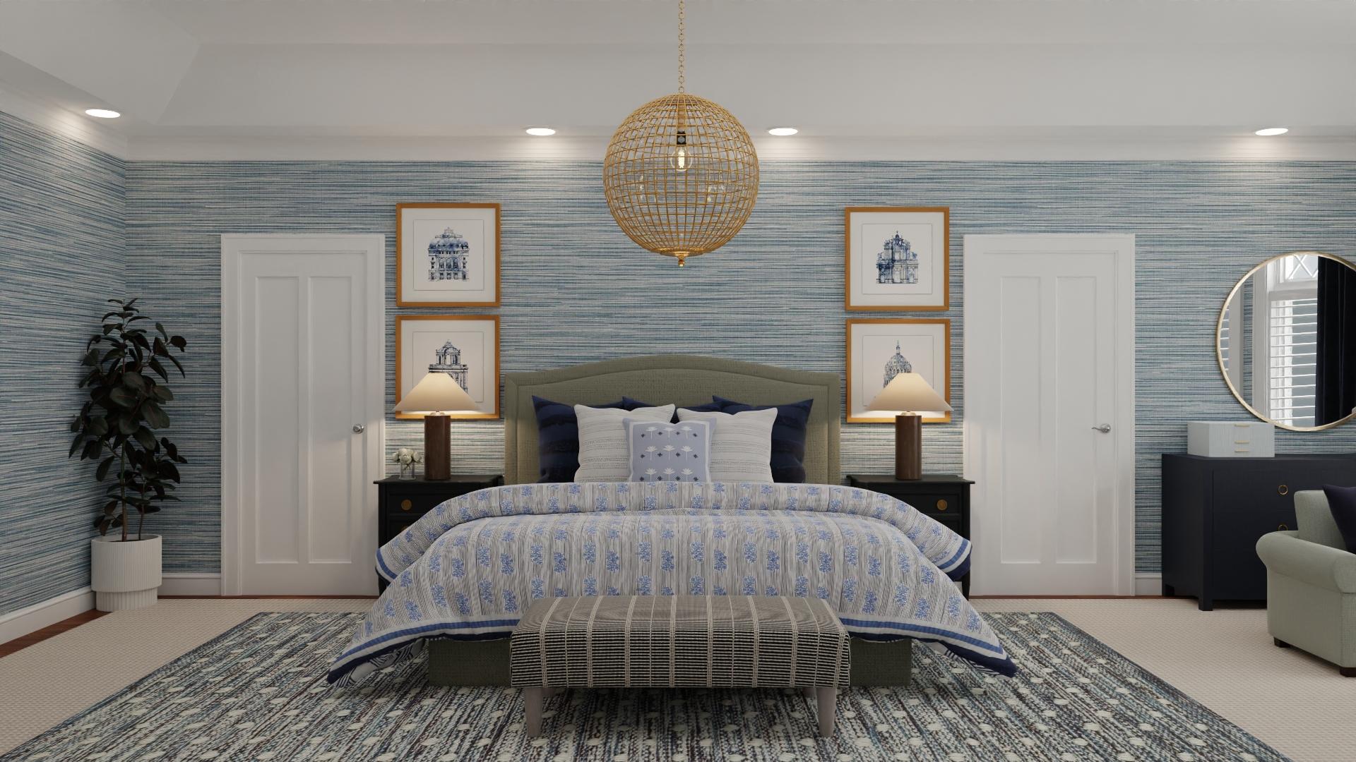 Traditional Bedroom with Blue Wallpaper