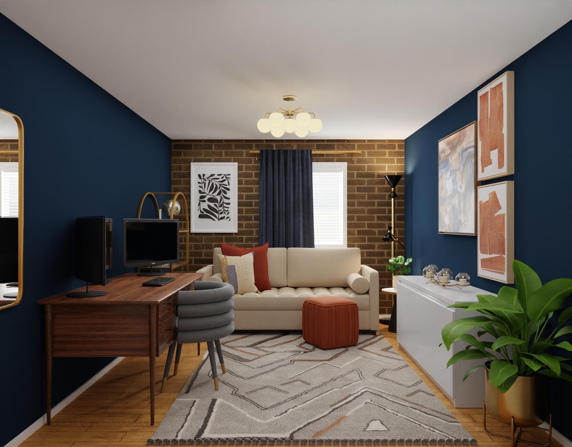 Mid-Century Modern Office with Brick Accent Wall