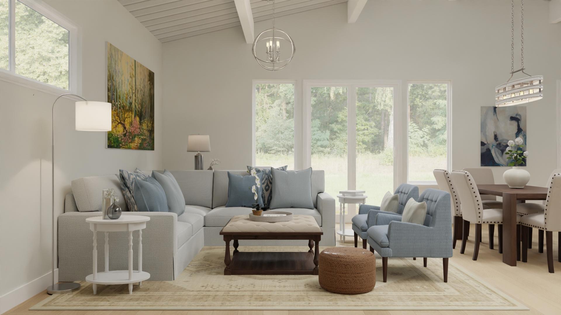Traditional Coastal Open Living/Dining Room with Sectional