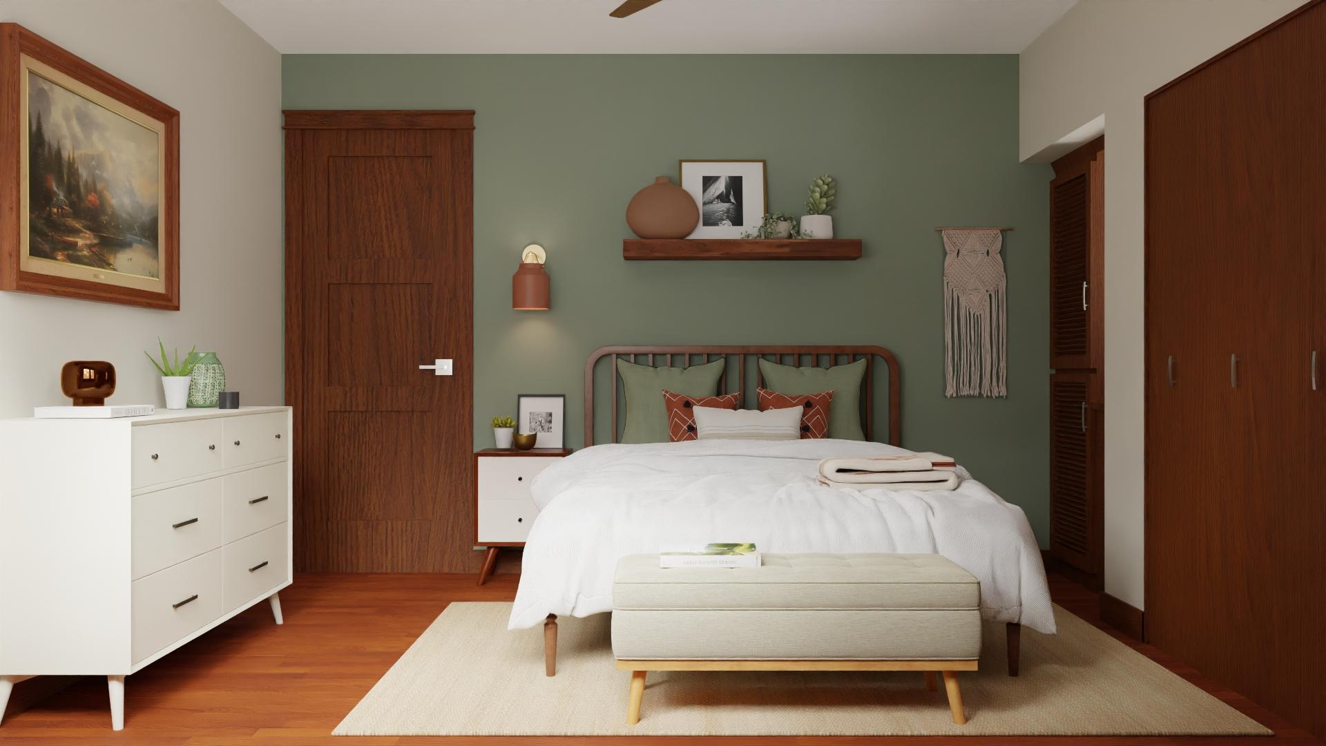 Mid-Century Modern Bedroom with Green Accent Wall