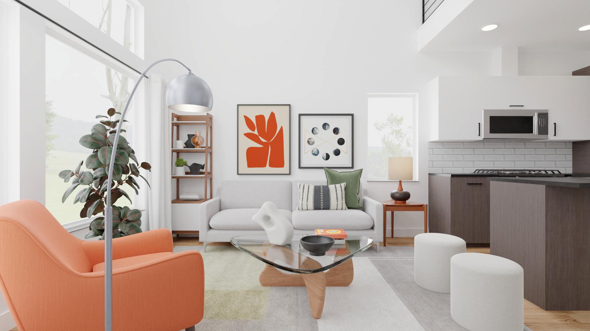 Mid-Century Modern Living Room with Orange Accents