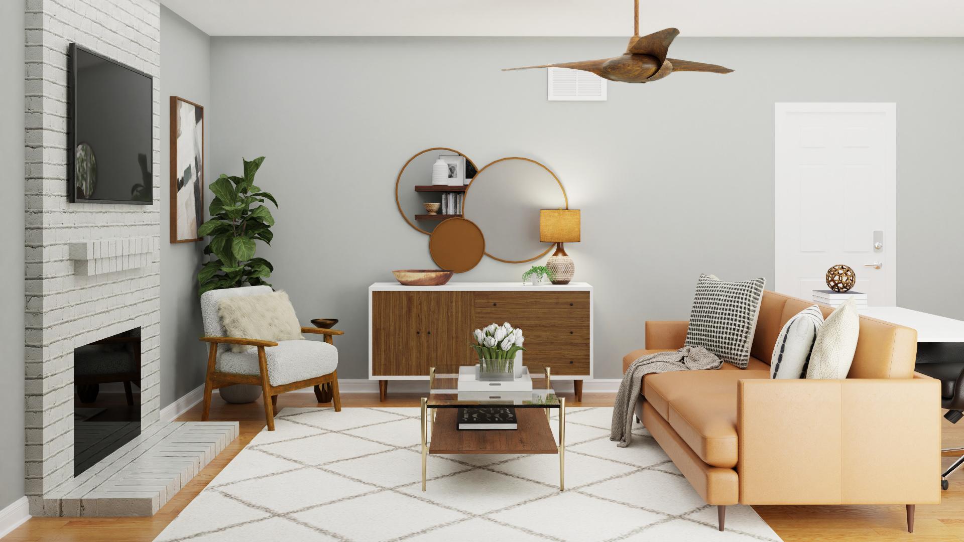 Multi-Functional Mid-Century Modern Living Room with Office | Spacejoy