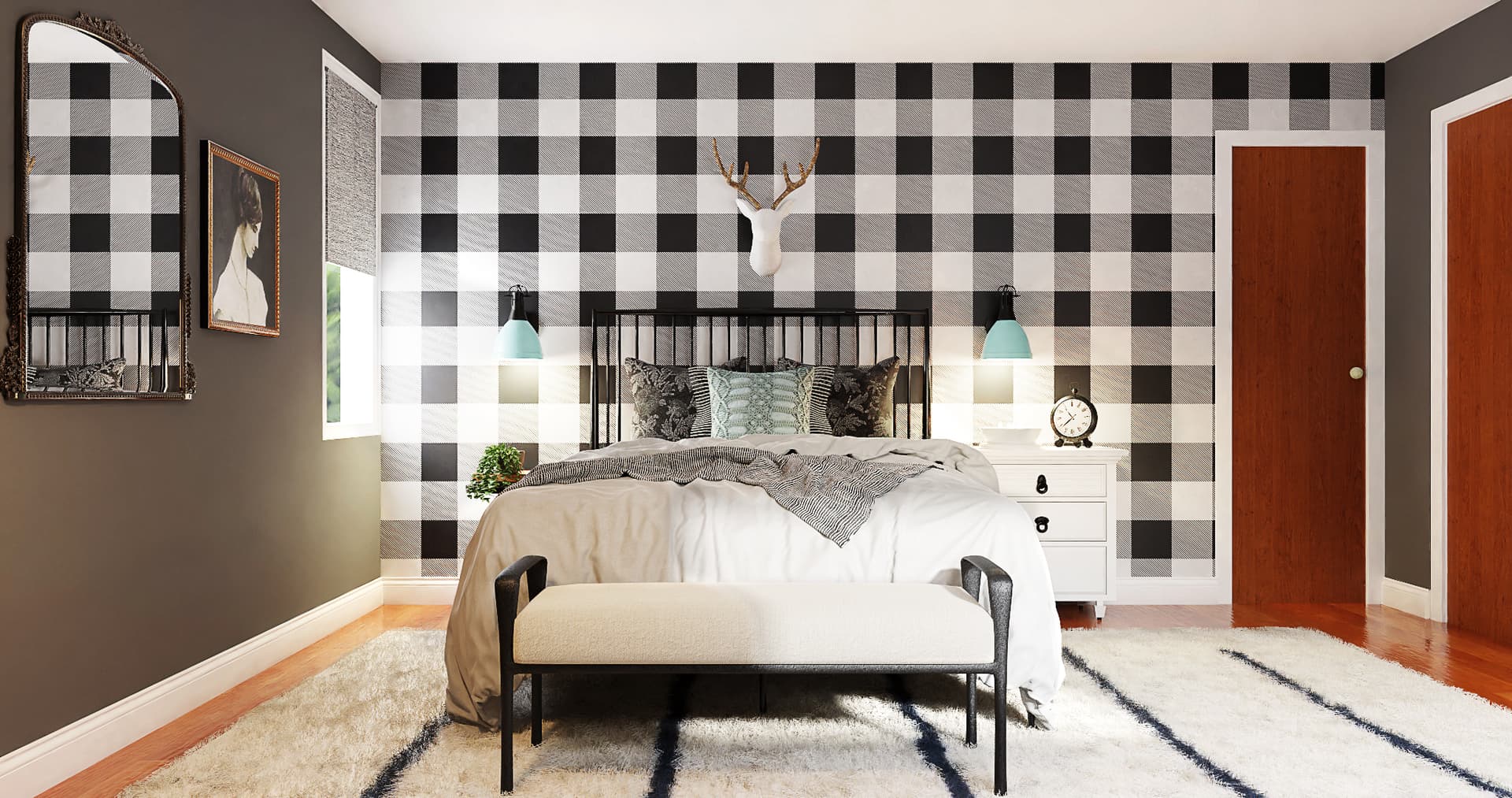 An Eclectic Farmhouse With Buffalo Plaid Walls | Spacejoy An Eclectic Farmhouse With Buffalo Plaid Walls | Spacejoy
