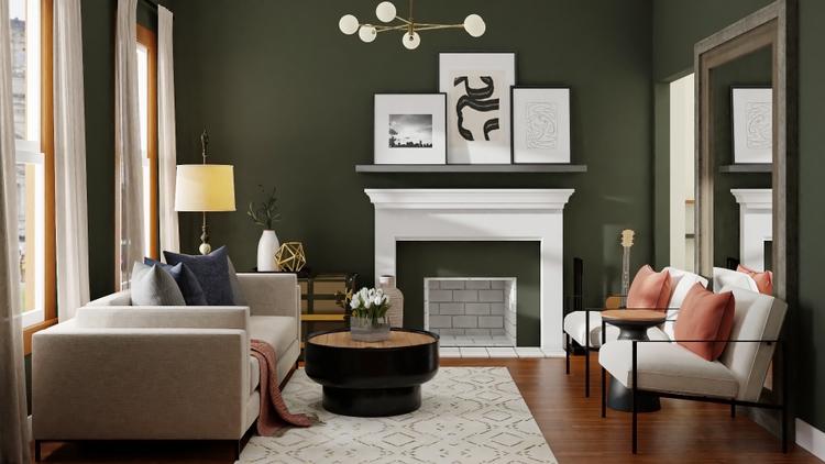 Forest Green Walls In A Modern Living Room | Spacejoy