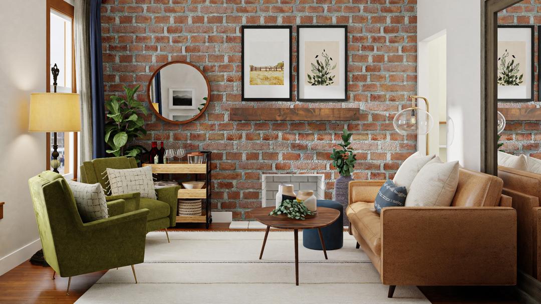 Brickwall & Forest Hues: A Modern Rustic Living Room | Spacejoy